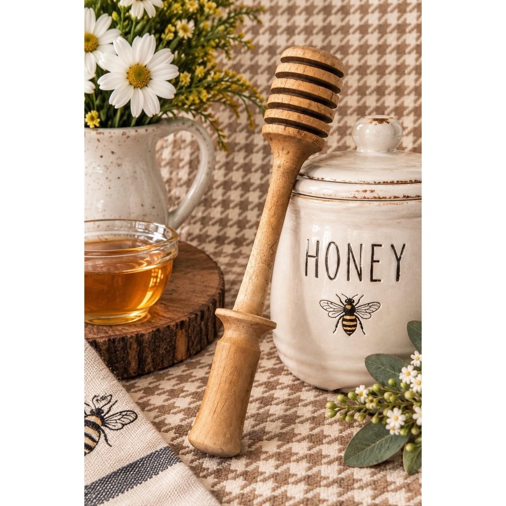 VTG Wooden Honey Dipper Long Handle Turned Wood Honey Spoon Farmhouse Kitchen 7"